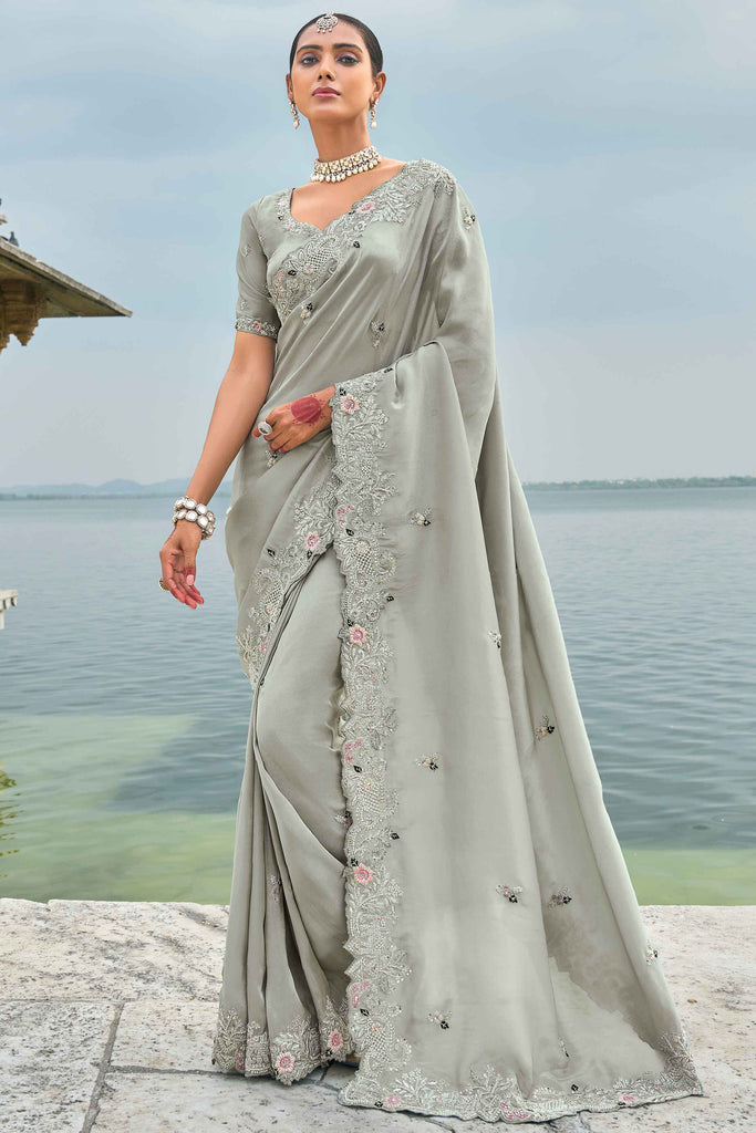 Marvelous Grey Heavy Embroidery Work Banarasi Silk Function Wear Saree