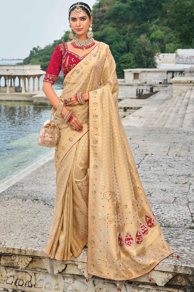 Amazing Cream Moti Work Kanjivaram Silk Wedding Wear Saree With Blouse