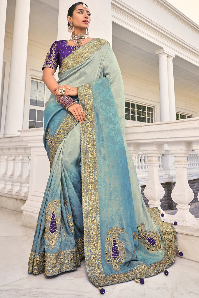 Attractive Grey & Blue Jarkan Work Jacquard Wedding Saree With Blouse