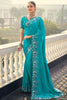 Beautiful Firozi Heavy Border Work Crepe Saree With Blouse