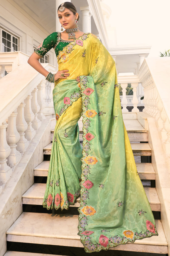 Alluring Green Thread Work Jacquard Engagement Wear Saree