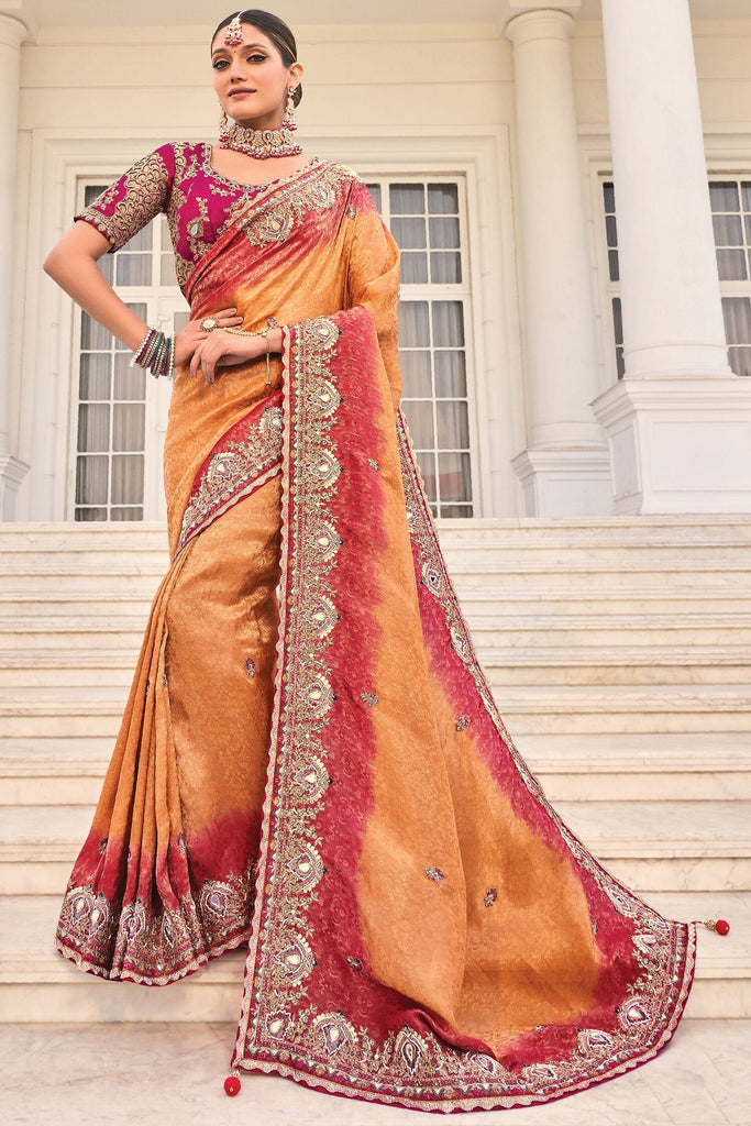 Glamorous Peach Heavy Border Work Crepe Wedding Wear Saree