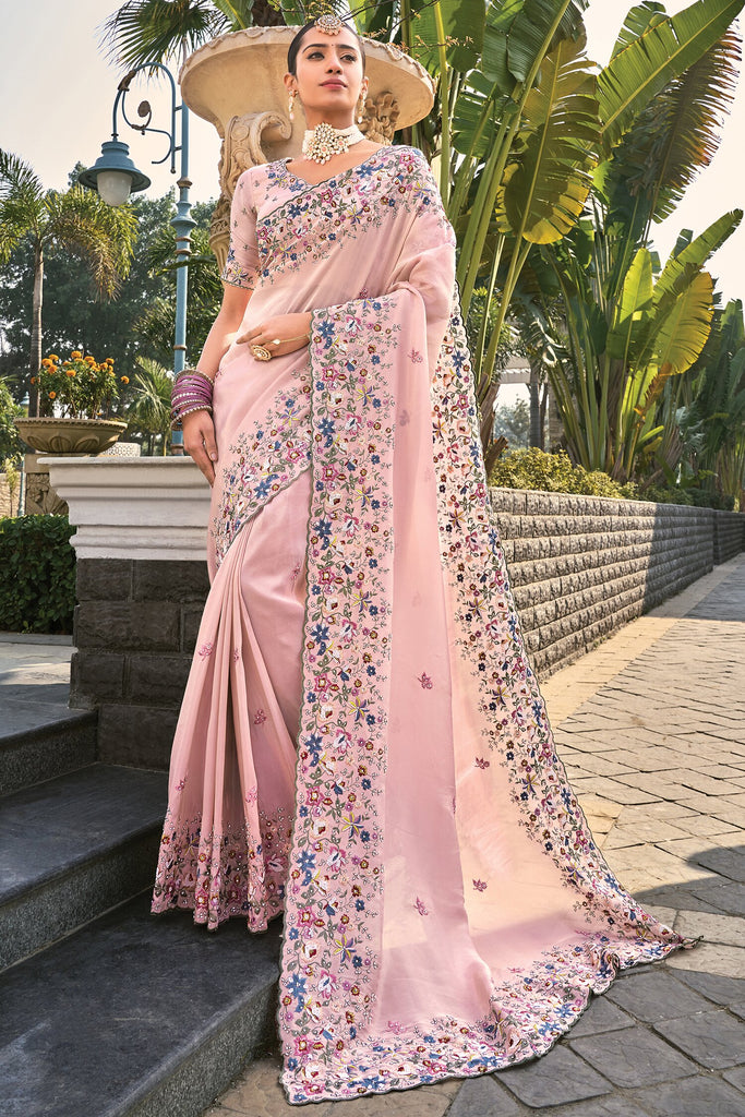 Beautiful Pink Thread Work Banarasi Silk Traditional Saree With Blouse