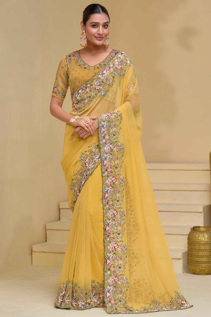 Unique Yellow Moti Work Organza Haldi Wear Saree With Blouse