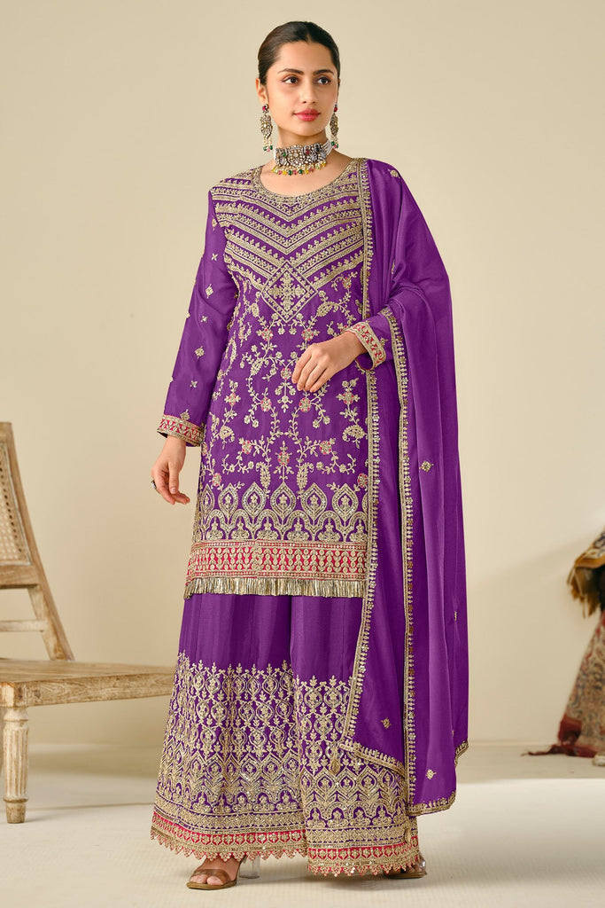 Alluring Purple Embroidered Chinon Eid Special Sharara Suit