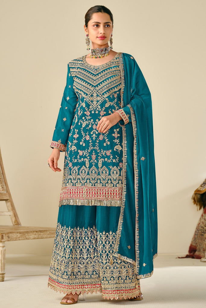 Alluring Blue Heavy Embroidery Work Chinon Eid Sharara Suit