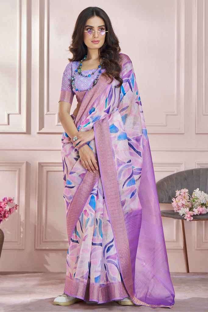 Beautiful Lavender Digital Printed Silk Event Wear Saree With Blouse