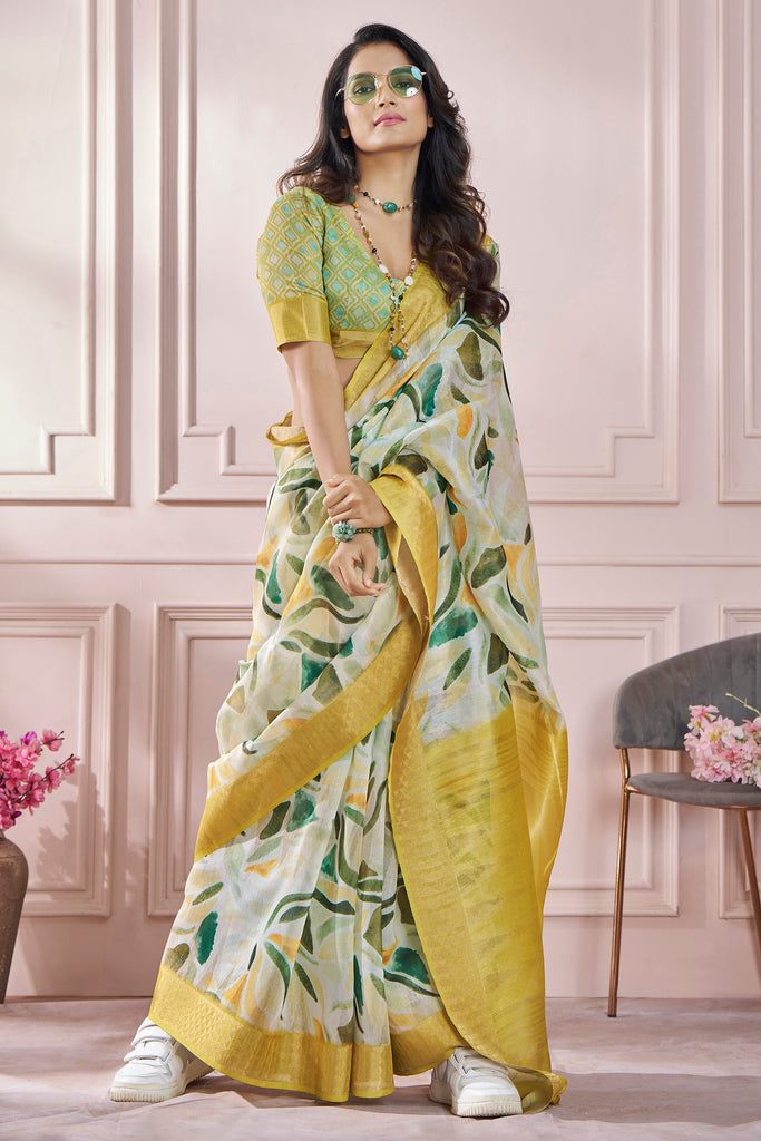 Gorgeous Yellow Digital Printed Silk Event Wear Saree With Blouse