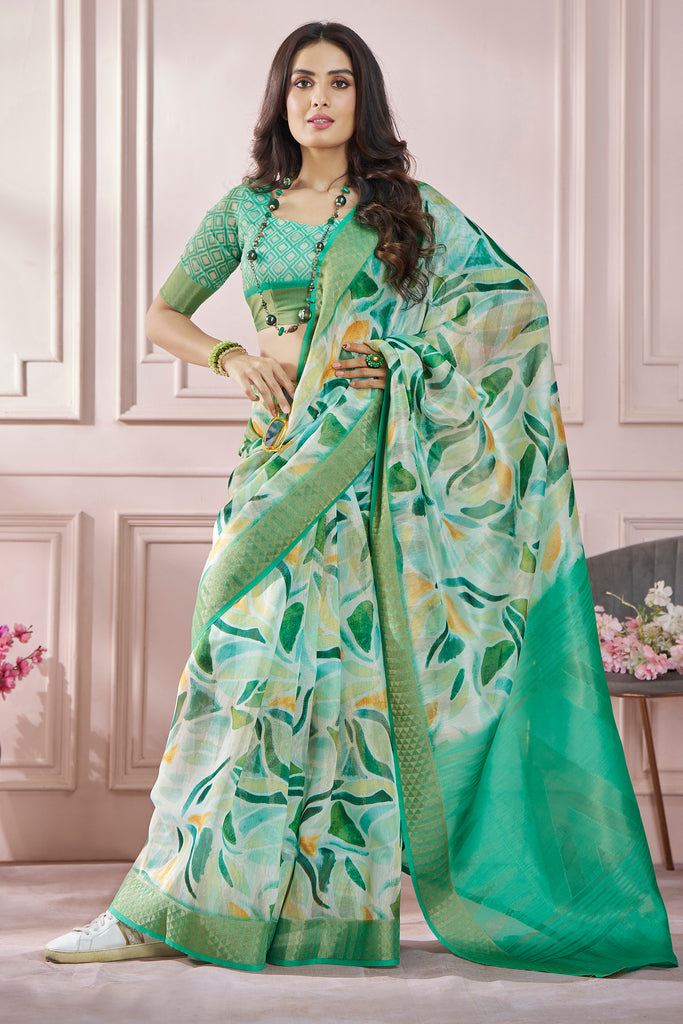 Adorable Green Digital Printed Silk Traditional Saree With Blouse