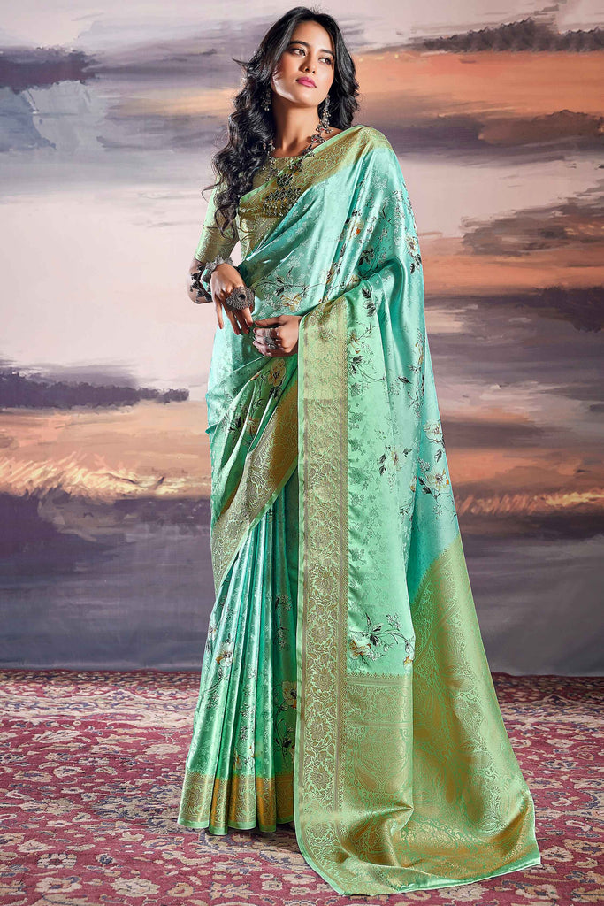 Wonderful Sea Green Digital Print Satin Wedding Wear Saree