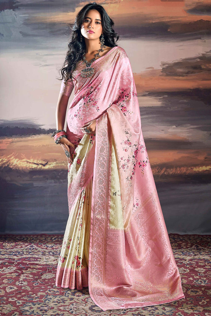 Fascinating Light Pink Digital Print Satin Function Wear Saree