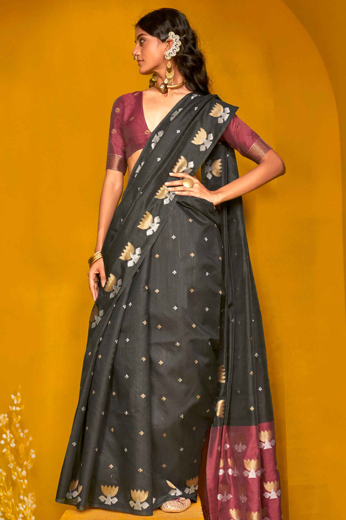 Magnificent Black Zari Weaving Silk Event Wear Saree With Blouse