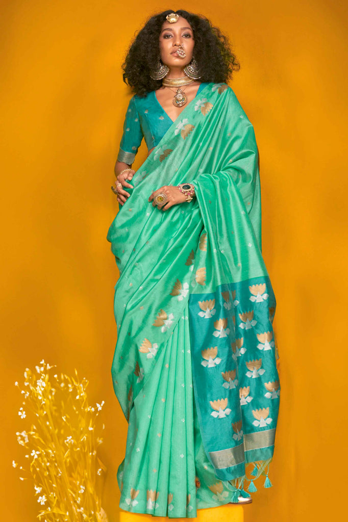 Marvelous Sea Green Zari Weaving Silk Traditional Saree With Blouse