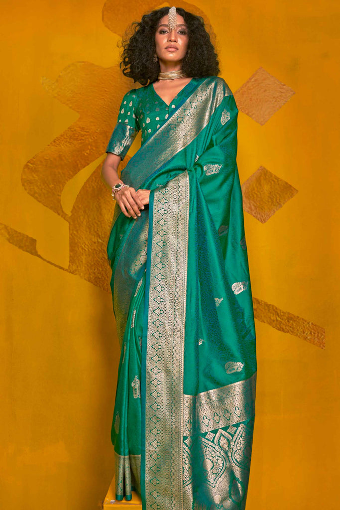 Lovely Green Color Zari Weaving Silk Festival Wear Saree With Blouse