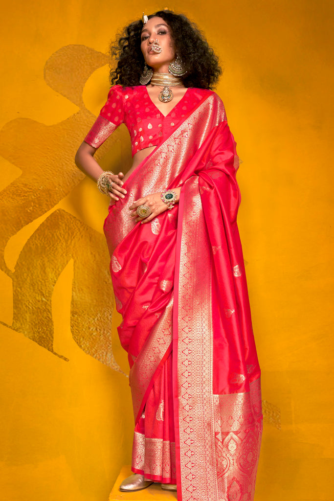 Adorable Pink Color Zari Weaving Silk Function Wear Saree With Blouse