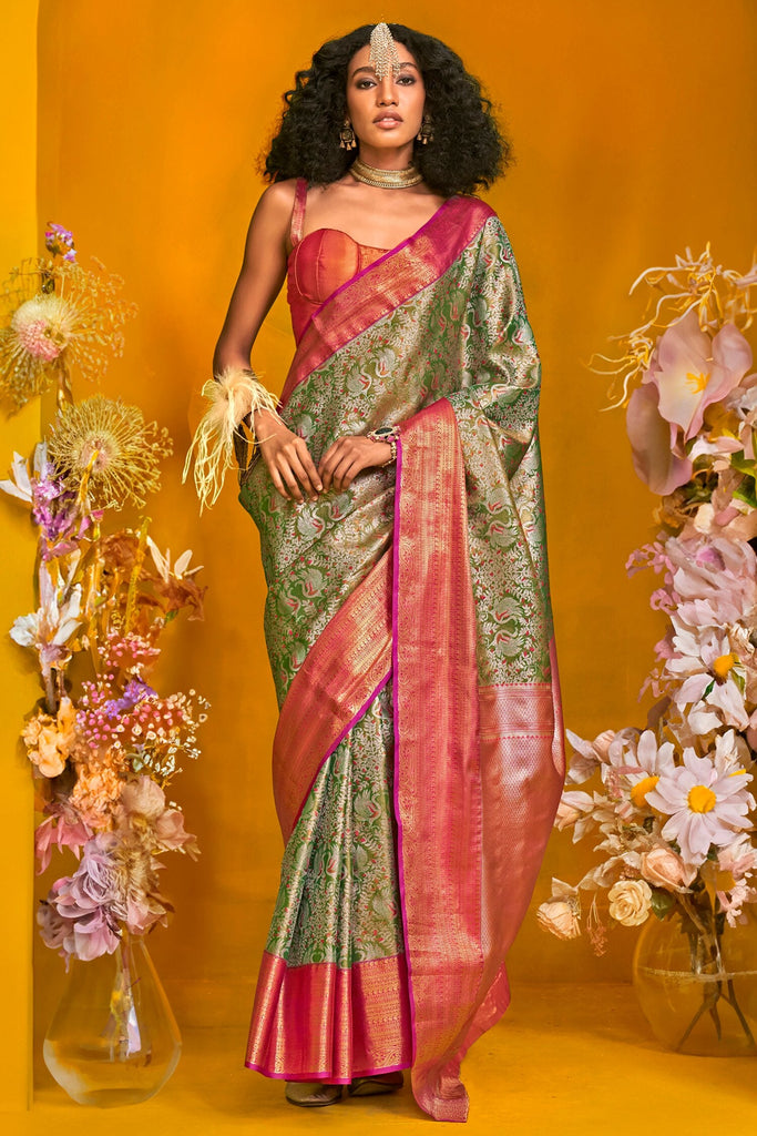 Impressive Olive Green Zari Weaving Silk Banarasi Saree With Blouse