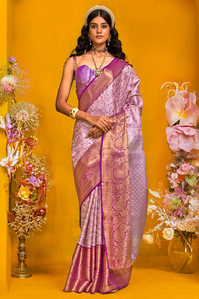 Wonderful Lavender Zari Weaving Silk Festival Wear Saree With Blouse
