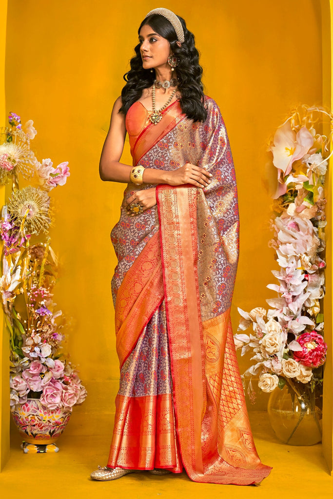 Fabulous Grey & Orange Zari Weaving Silk Saree With Blouse
