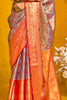 Fabulous Grey & Orange Zari Weaving Silk Saree With Blouse