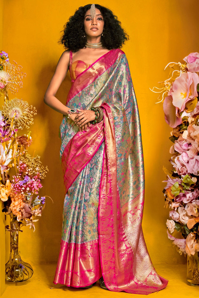 Astonishing Sky-Blue Zari Weaving Silk Banarasi Saree With Blouse