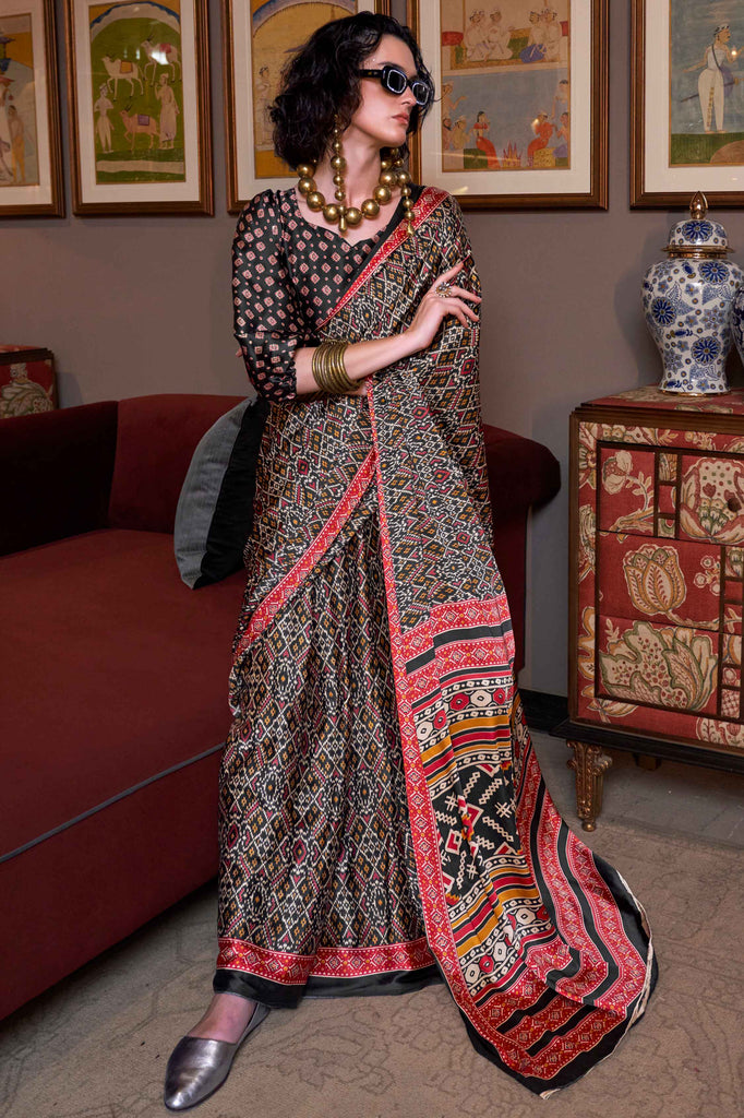 Alluring Multi-Color Patola Print Satin Event Wear Saree With Blouse