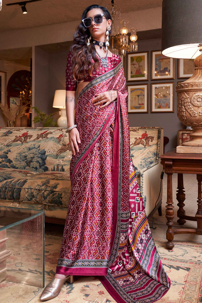 Glamorous Maroon Patola Print Satin Festival Wear Saree With Blouse