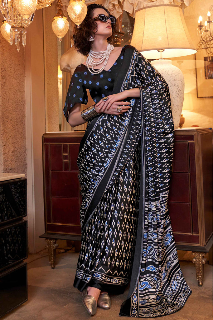 Wonderful Black Patola Print Satin Function Wear Saree With Blouse