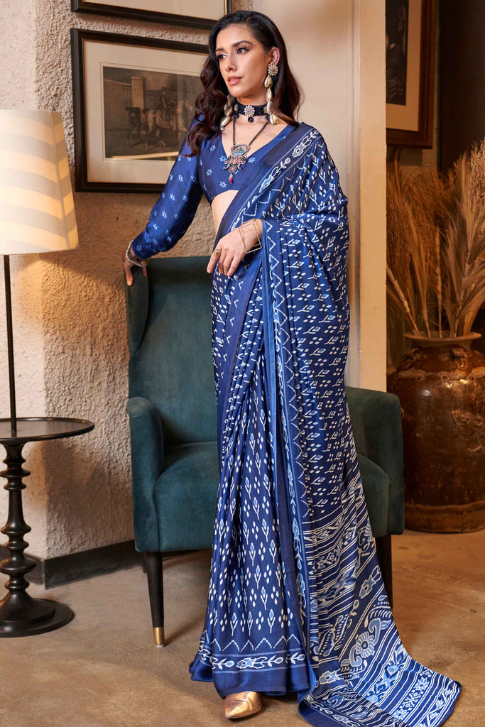 Fabulous Royal Blue Digital Print Satin Event Wear Saree With Blouse