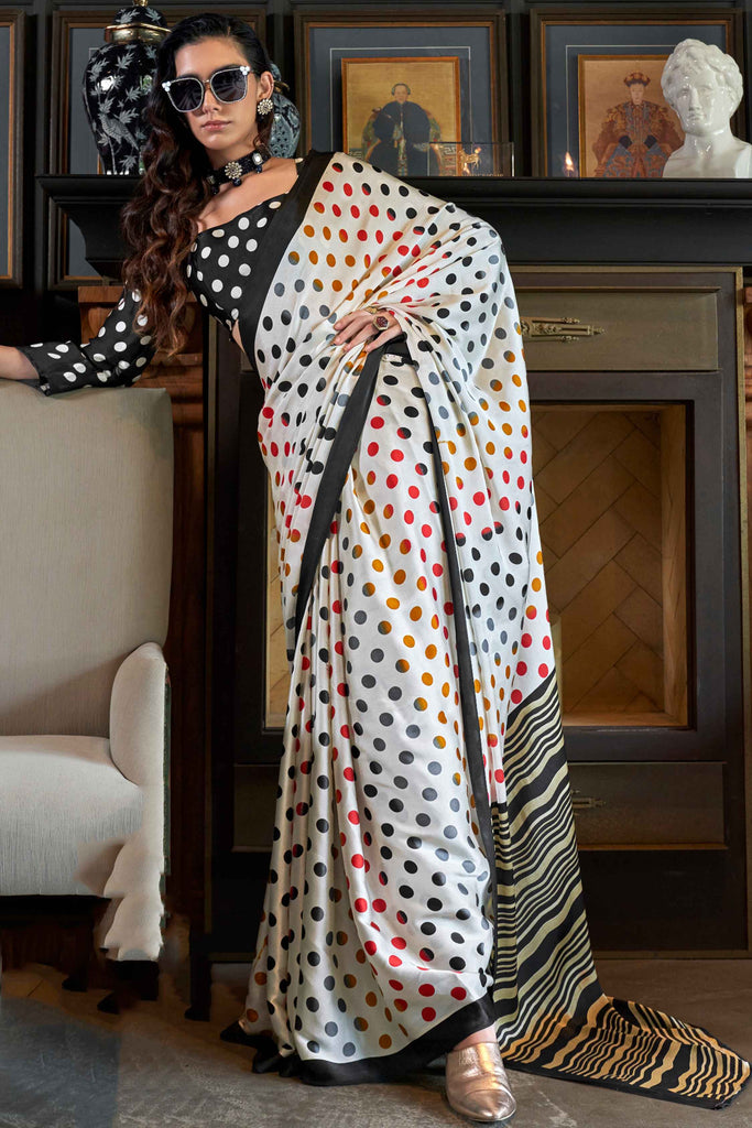 Incredible White Polka Dot Print Satin Function Wear Saree With Blouse