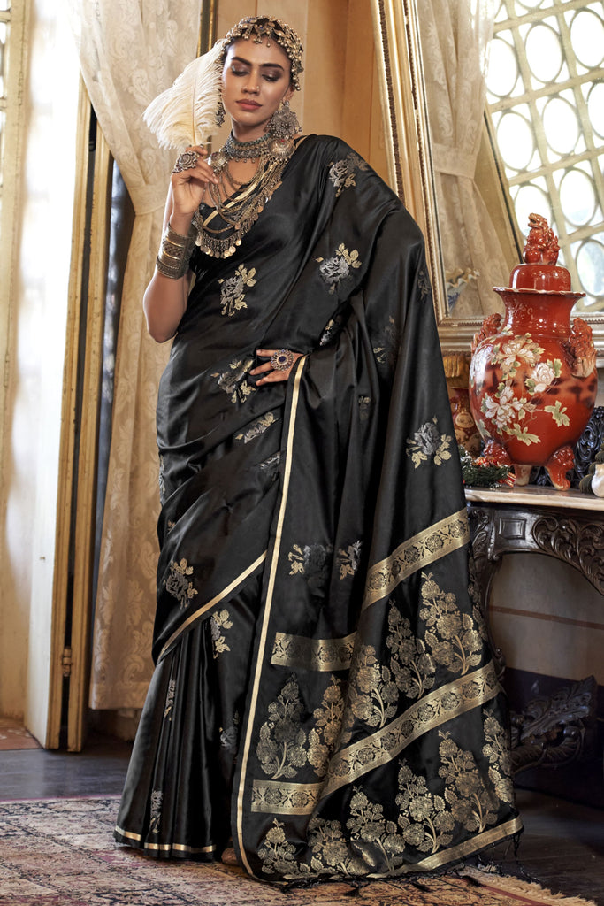 Stunning Black Zari Weaving Satin Traditional Saree With Blouse