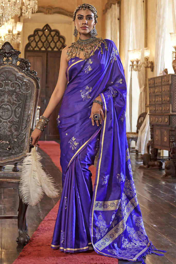 Attractive Purple Zari Weaving Satin Traditional Saree With Blouse