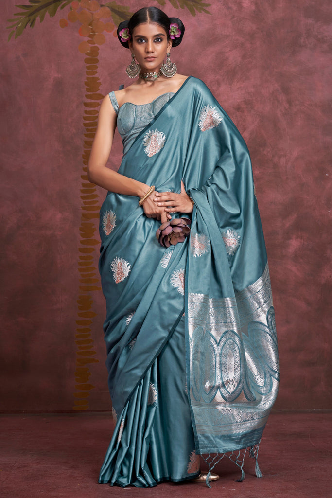 Alluring Teal Blue Zari Weaving Silk Function Wear Saree With Blouse