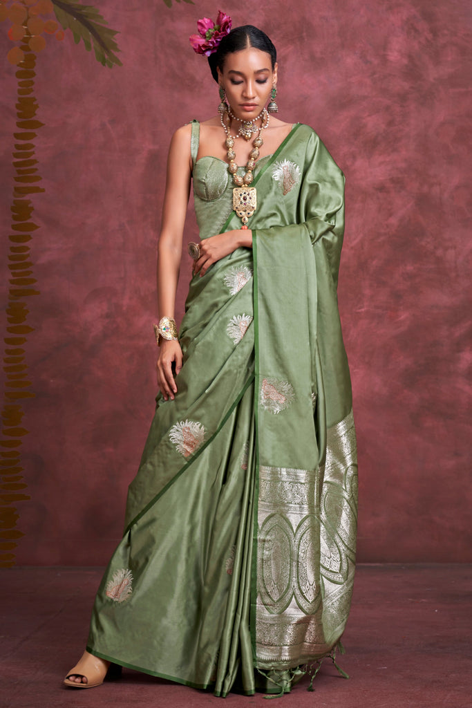 Interesting Olive Green Zari Weaving Silk Banarasi Saree With Blouse