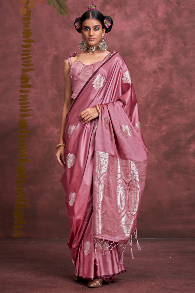 Beautiful Pink Zari Weaving Silk Traditional Saree With Blouse