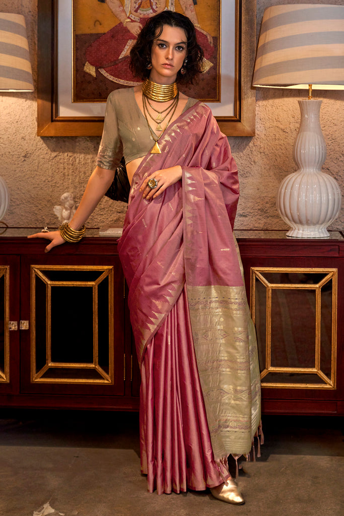 Fascinating Pink Zari Weaving Silk Traditional Saree With Blouse