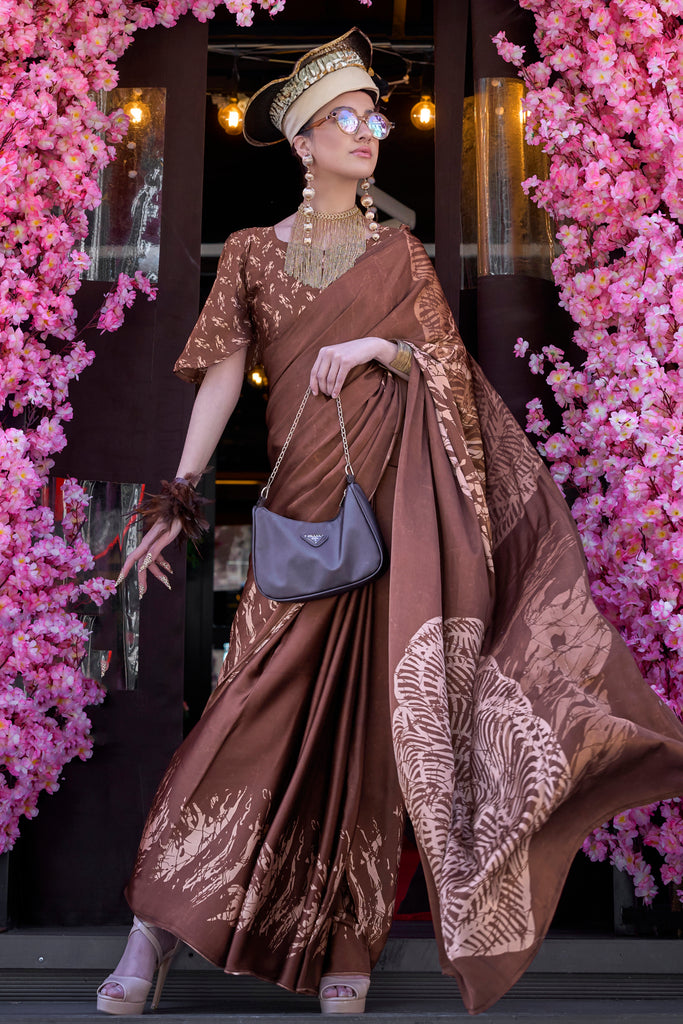 Gorgeous Brown Printed Satin Casual Wear Saree With Blouse