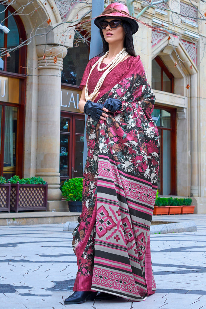 Beautiful Pink Printed Satin Festival Wear Saree With Blouse