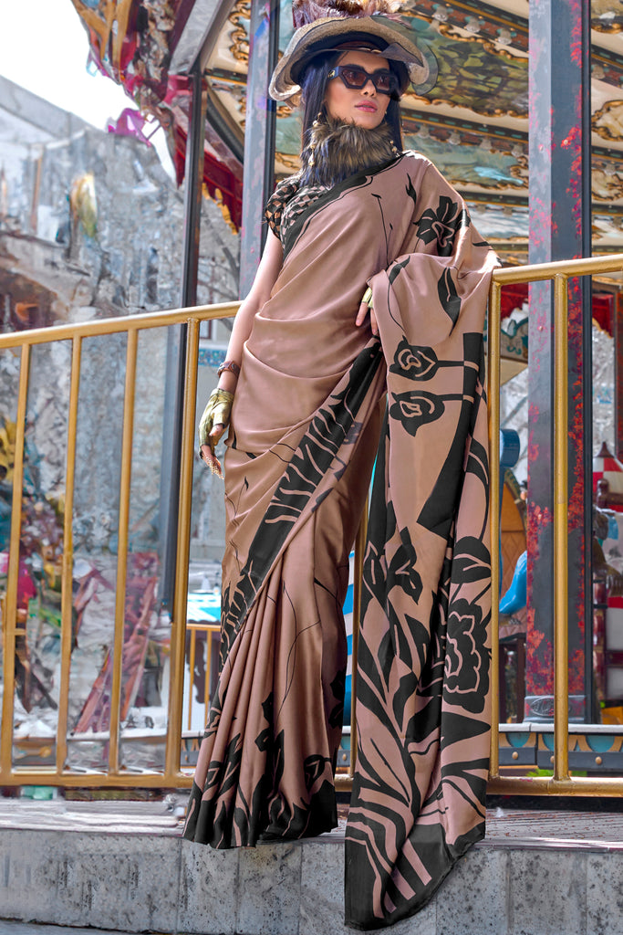 Marvelous Brown Printed Satin Casual Wear Saree With Blouse