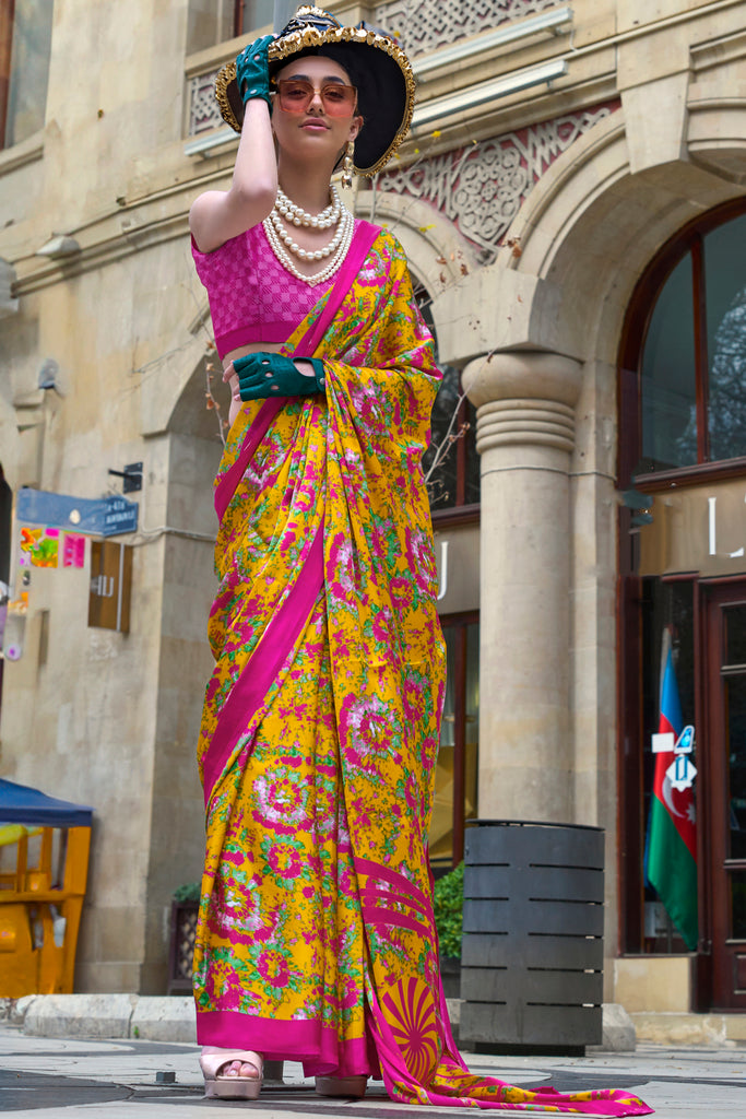 Outstanding Yellow Printed Silk Event Wear Saree With Blouse