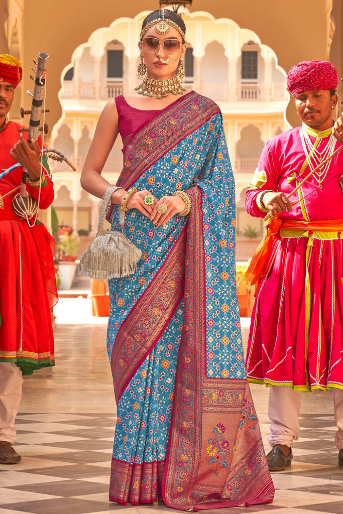 Captivating Blue Patola Printed Silk Traditional Saree With Blouse