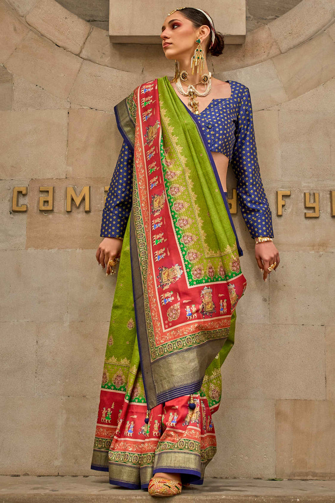 Beautiful Olive Green Digital Print Silk Event Wear Saree With Blouse