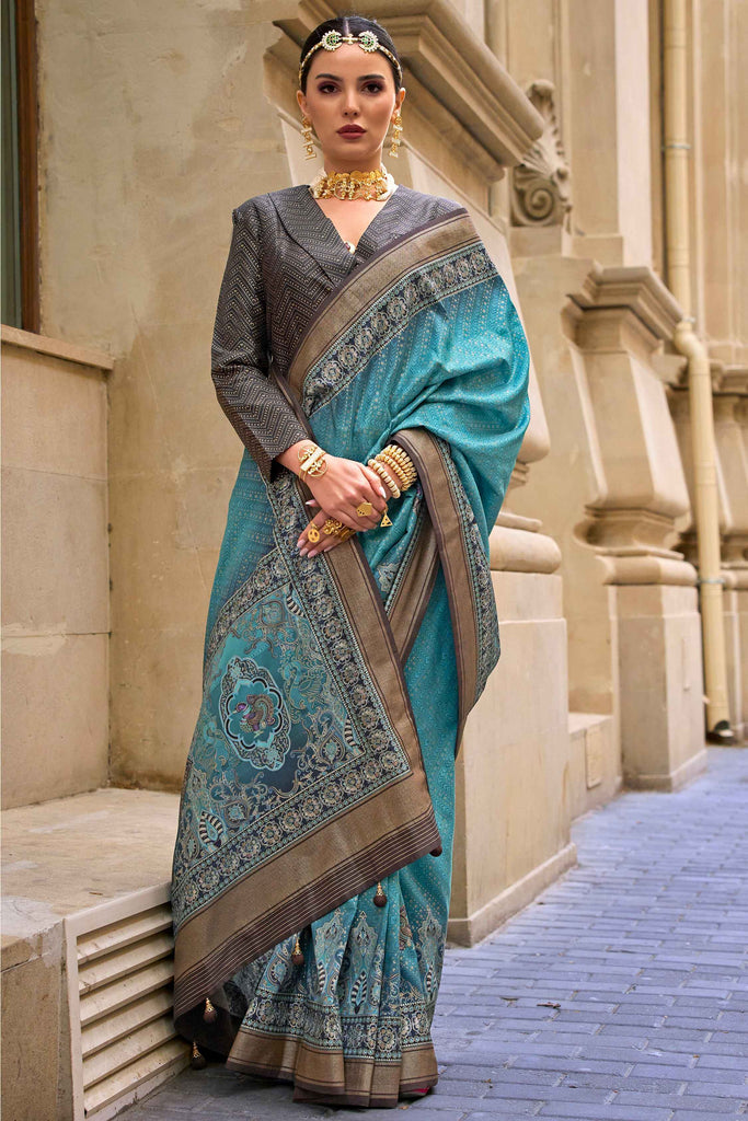 Amazing Teal Blue Digital Print Silk Event Wear Saree With Blouse