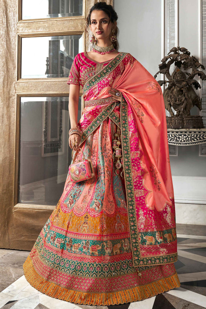 Astonishing Pink Color Embroidered Banarasi Silk Bridal Lehenga Choli