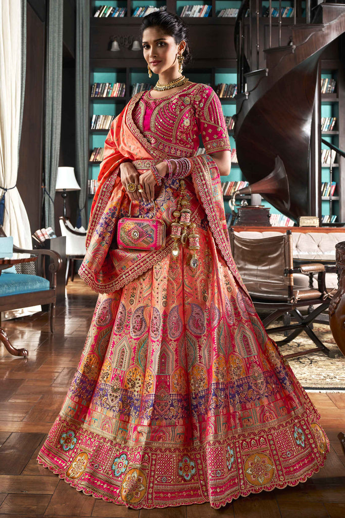 Captivating Peach Embroidered Banarasi Silk Bridal Lehenga Choli