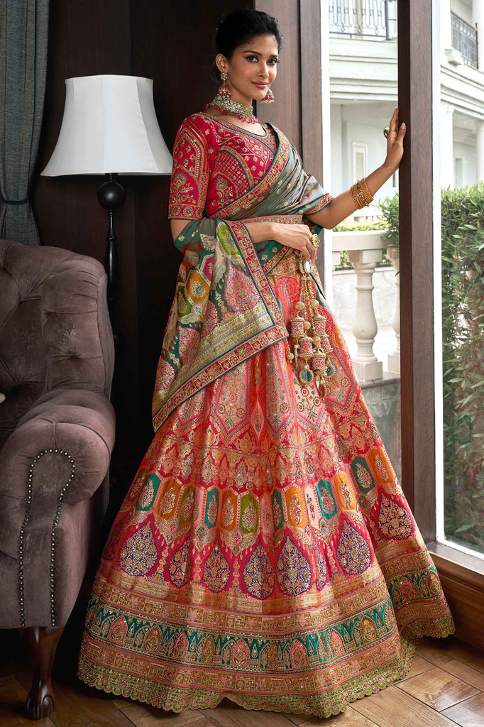 Glamorous Multi Color Embroidered Banarasi Silk Wedding Lehenga Choli