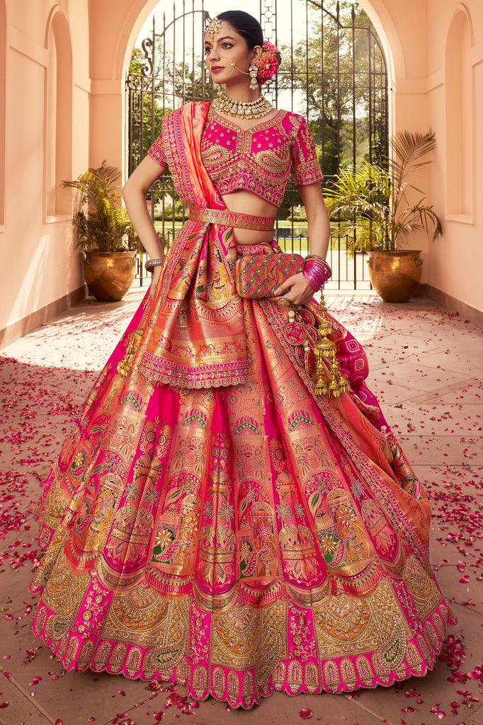 Precious Pink Zari Weaving Banarsi Silk Weadding Lehenga Choli