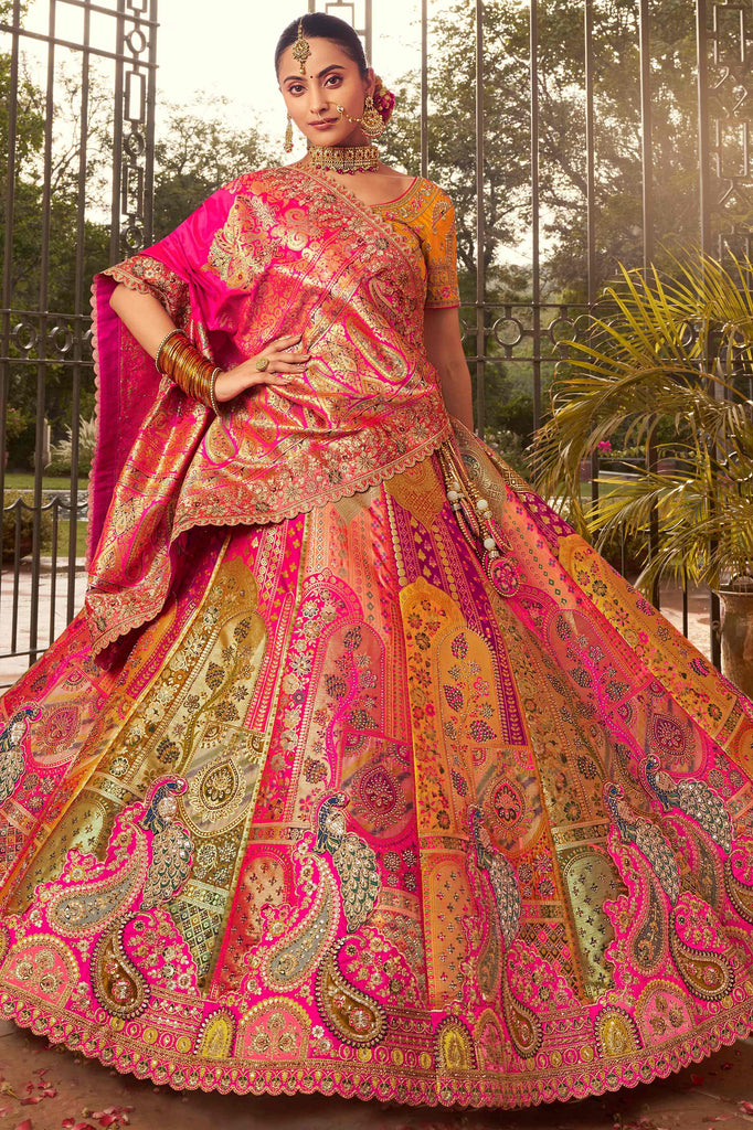 Wonderful Multi-Color Zari Weaving Banarasi Silk Bridal Lehenga Choli