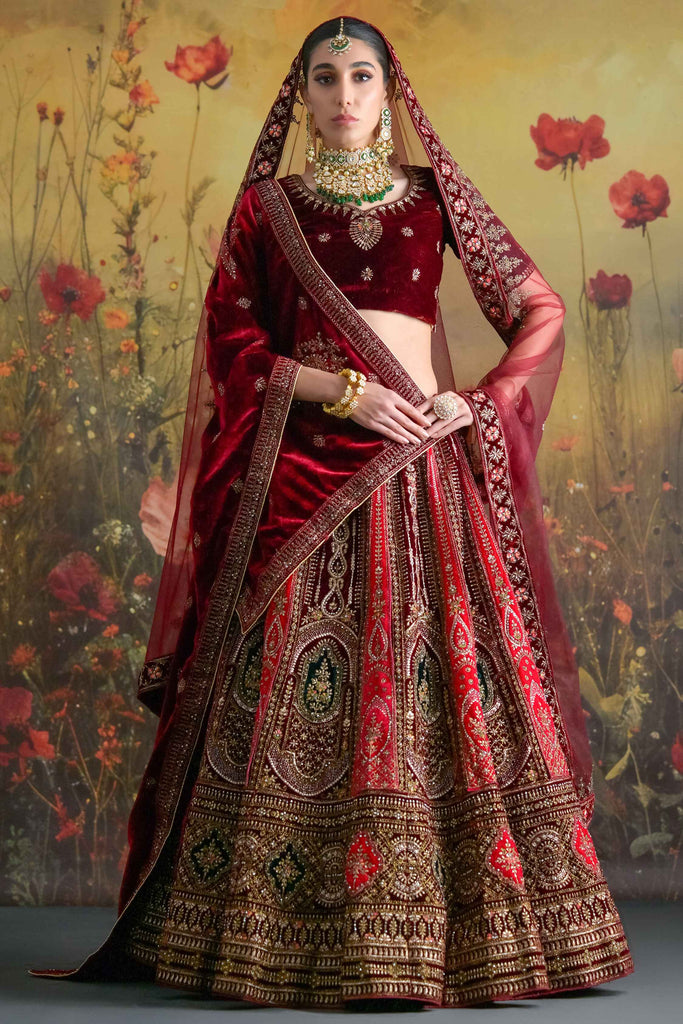 Pretty Red Jarkan Work Velvet Bridal Lehenga Choli With Double Dupatta