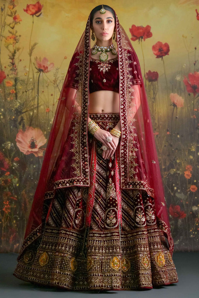 Attractive Maroon Velvet Bridal Wear Lehenga Choli With Double Dupatta