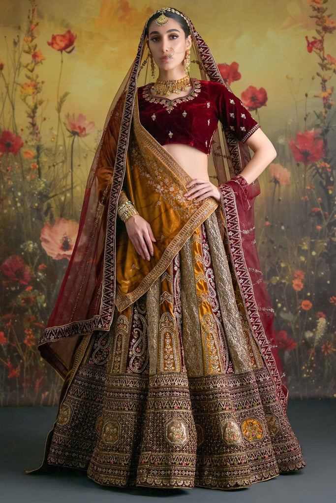 Winning Yellow Sequins Velvet Bridal Lehenga Choli With Double Dupatta